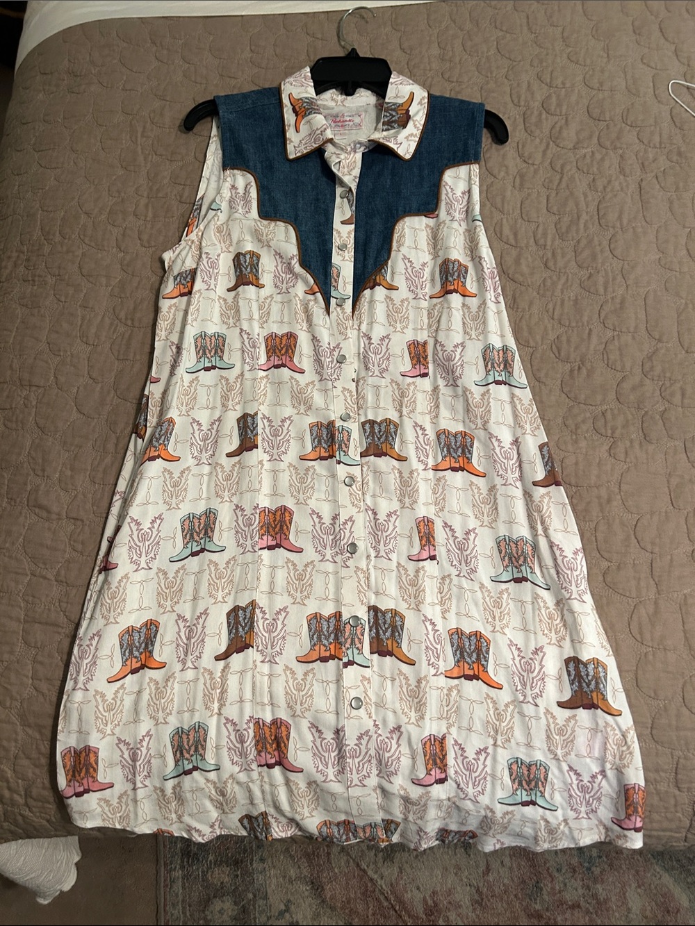 Sleeveless Cream Midi Dress with Denim Yoke and Boot Print